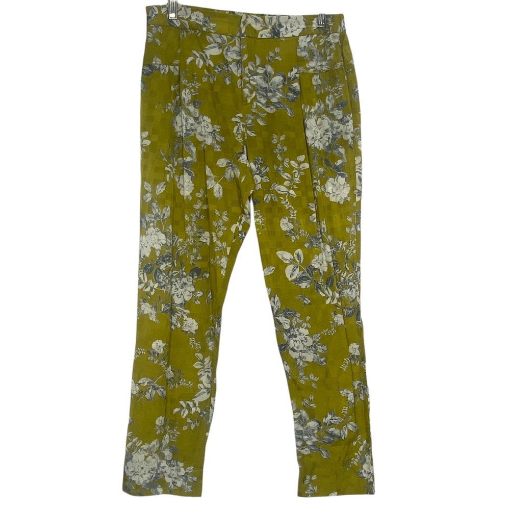 Elevenses Anthropologie Mindaro Green Chartreuse Floral Crop Ankle Pants
